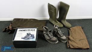 Fishing Clothes, Shoes, Boots, to include an Orvis waist coat size XL, a pair of Dunlop Wellington