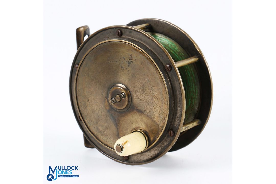 Hardy Bros all brass Hercules fly reel 4" spool with cream handle, 6 pillar frame with full ported - Image 1 of 2