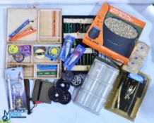 2x Boxes of Assorted Fishing Tackle, with noted items of unused Fox bait tubs, Rod Hutchinson the