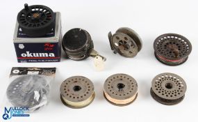 A collection of reels and spools, as follows: Perrine USA No 50 tree stripping clockwork reel,