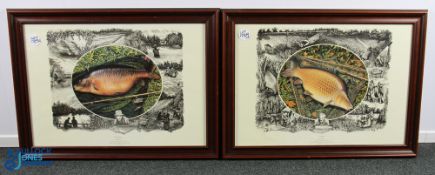 Pair of John Searl Record Catch Fishing Prints -of the Bishop British Record Carp Redmire pool 1980,