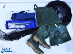 Fishing Box Seat - with a mixture of fishing tackle items - with noted -rod bags, padded seat parts,