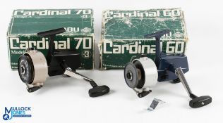 2x ABU Cardinal Fixed Spool reels features a Cardinal 60 LHW stamped 76100 to foot, full bail arm,