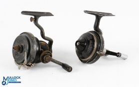 An Allcock Kastlite alloy spinning reel with Bakelite cone drum, crank handle drives through the