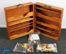 Pine and Hardboard large Fly-Tying Box, multi compartments with a few contents reel flash wool and a