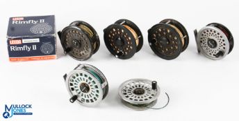 A collection of trout fly fishing reels, as follows: Ryobi 355 reel with spare spool, 3 ½