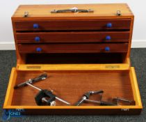 Pine and Hardboard Dovetailed Fly-Tying Box with contents, a good box with 3 drawers of contents,