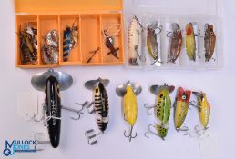 Fishing Lure Plugs, 3 plastic boxes with noted makers of Arbogast jitterbug, Snap dragon, Heddon.