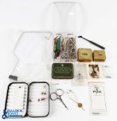 Fishing Fly Tying Tools, Tins Lures, to include an unused Veniard gallows tool, sportfish spring,