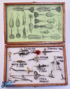 Collection of early fishing lures including Gutta Percha in trout spot, Hardy Crocodile, slotted
