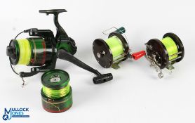 PENN 85 multiplier reel, on/off check, counter balanced handle, spring loaded line guide, runs okay.