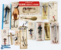 13x Period Fishing Tackle Baits, Lures Spoon, Devons, all carded with makers of Millwards, Lee,