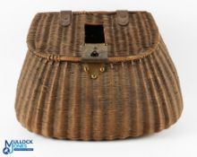 Period Split Reed Fishing Creel, with a centre slot, leather hinges and a brass lock plate, in the