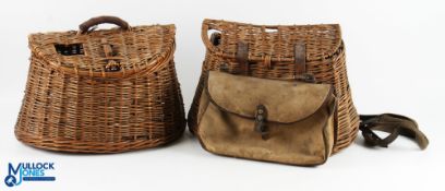 2x Wicket Fishing Creels, both unnamed - one has its liner, a canvas front bag and original shoulder