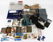 Fishing Tackle Collection, new and old examples of Salmon flies in tins, a plastic tackle box of