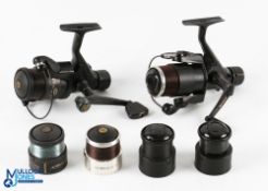 Team Daiwa fixed spool spinning reel with 2 spare spools, good bail, rear tensioner, light use, runs