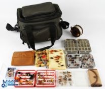 Collection of fly-fishing accessories, a Wheatley 32 compartment alloy dry fly box with dry flies, a