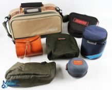 Fishing Bag Collection, to include a finely worked leather reel bag with tooled fish emblems, a