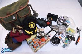 Fishing Tackle Collection: a Brady tackle bag with contents of fishing caps, lights, a Newton
