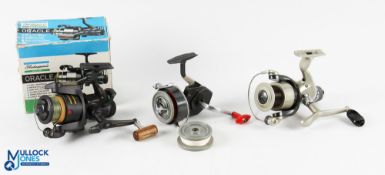 Shakespeare Oracle fixed spool and spool reel, good bail, rear tensioner, very light use, runs