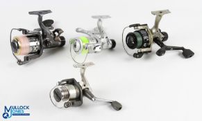 A collection of fixed spool reels, made up of: Shimano 1000F Sedona good bail, runs well. Crivit