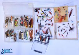 A collection of fly boxes with salmon flies and artificial baits, comprising: Wood box with foam