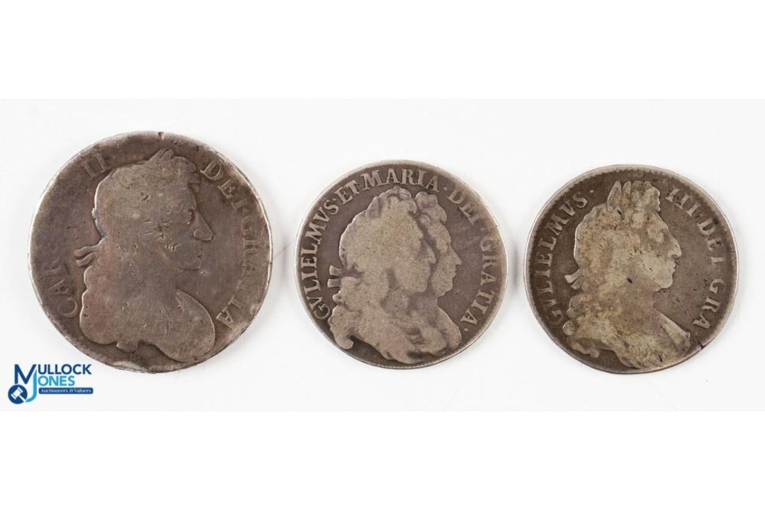Charles II 1680 Silver Crown Coin worn with edge dents, date part legible, together with 1693 - Image 1 of 2