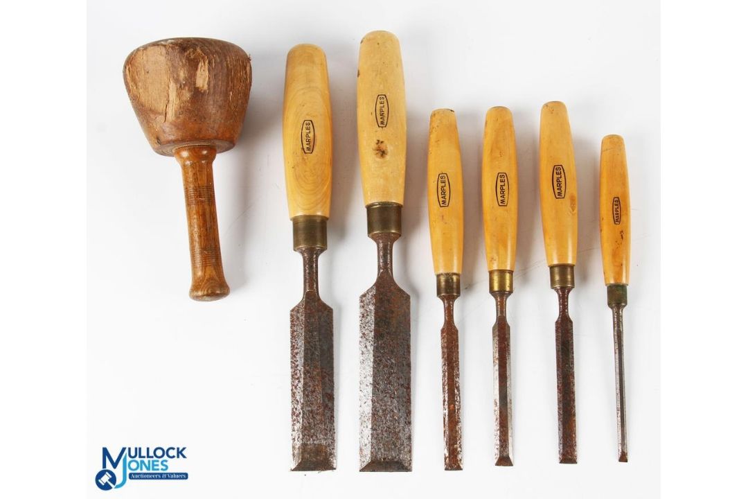 Set of 6 William Marples Bevel Edged Chisels with Boxwood Handles. In good used condition, plus a