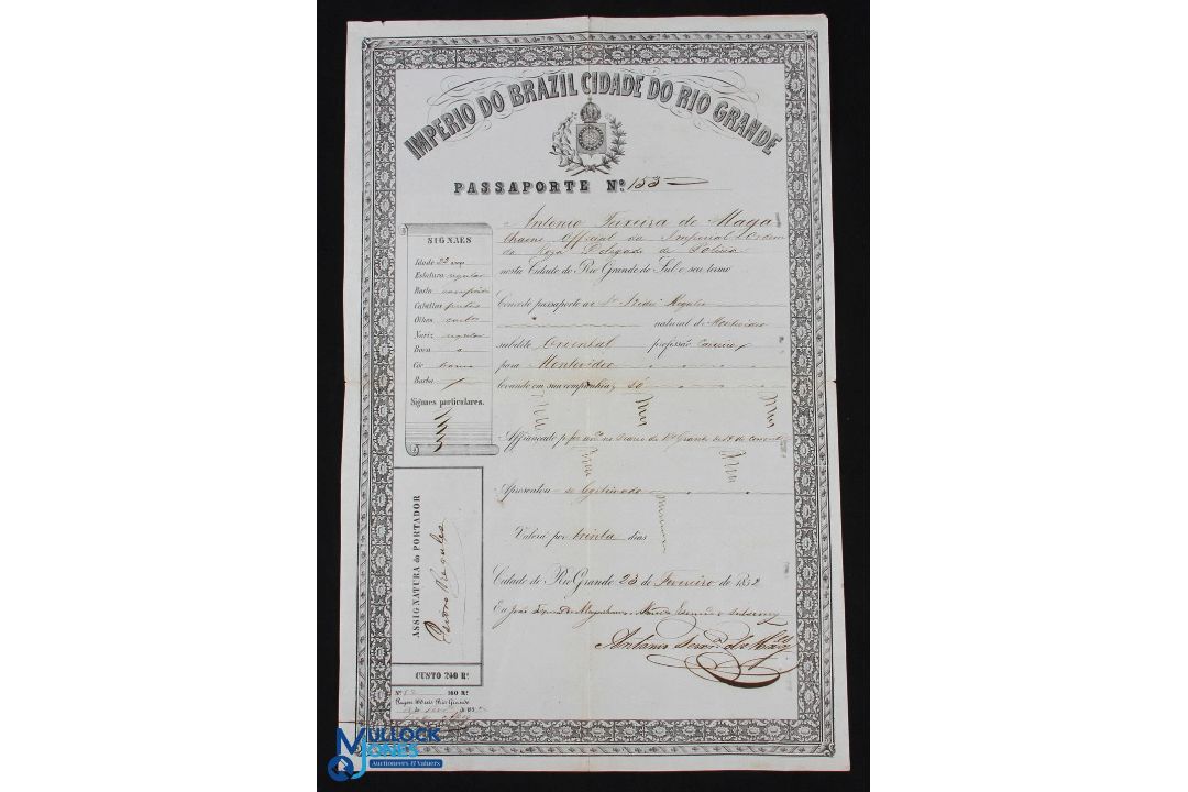 Brazil - Empire of Brazil Passport, Rio Grande 1852 with Imperial Coat of Arms top centre.