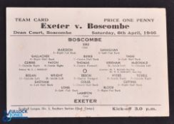 1945/46 Boscombe v Exeter City War League Cup qualifying competition 6 April 1946, single sheet;