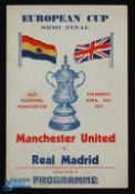 1956/57 European Cup s/f 2nd leg Manchester Utd v Real Madrid souvenir card programme; red/blue/