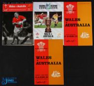 1966-2001 Wales v Australia Rugby Programmes (6): From 1966, 73, RWC quarter final 1999 & 2001. G/