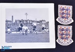 Derek Lewin b&w action photograph playing for England (possibly at Dulwich Hamlet) plus 3 lions