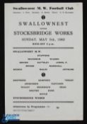 1963 Swallow Nest Miners Welfare v Stocksbridge Works 5 May 1963; single sheet, minor crease, no