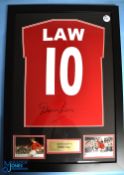Manchester United Football Club display featuring a Denis Law signed #10 top with two photographs