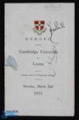 1931 Cambridge Univ v Lyons Signed Rugby Menu: autographed copiously & amusingly to Peter Brook by