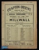 Pre-War 1937/1938 Clapton Orient v Millwall (Champions) Div. 3 (S) match programme 23 October