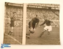 A black and white original Dutch Press photograph of Bert Williams in action collecting the ball