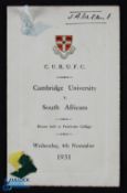 1931 Cambridge Univ v South Africa Signed Rugby Menu: autographed by about 65 after this 21-9