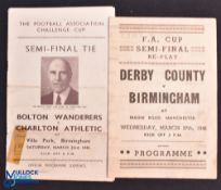 1946 FAC s/f official programme Bolton Wanderers v Charlton Athletic at Villa Park, 23 March 1946