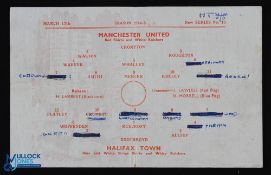 Wartime 1944/45 Manchester Utd v Halifax Town Cup qualifying match programme, single sheet, team