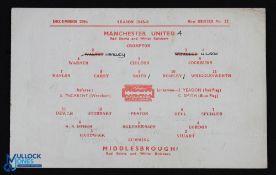 1945/46 War League North Manchester Utd v Middlesbrough single sheet programme 29 December 1945;