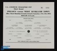 1954/55 FA Amateur Cup Pegasus v West Auckland Town 3rd round match programme 5 February 1955 at