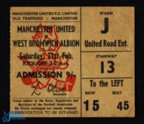 1969/70 POSTPONED match ticket Manchester Utd v WBA 21 February 1970, Stand J United Road entrance