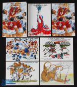 RWC 1987 French Art Rugby Postcards (6): Mint Set in case of typically Gallic rugby art cards, all