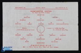 War League 1945/46 Manchester Utd v Chesterfield 8 September 1945 single sheet; fair, no writing. (