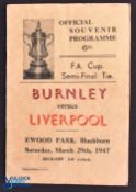 1947 FAC s/f programme Liverpool v Burnley 29 March 1947 at Ewood Park, Blackburn; light brown