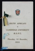 1912 Cambridge Univ v South Africa Signed Rugby Menu: autographed by about 40 after this 24-0