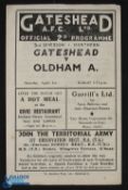 1949/50 Gateshead v Oldham Athletic Div. 3 (N) match programme 1 April 1950; fold out type, fair. (