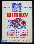 1940 England v Wales international match at Wembley 13 April 1940, glossy issue with team changes,